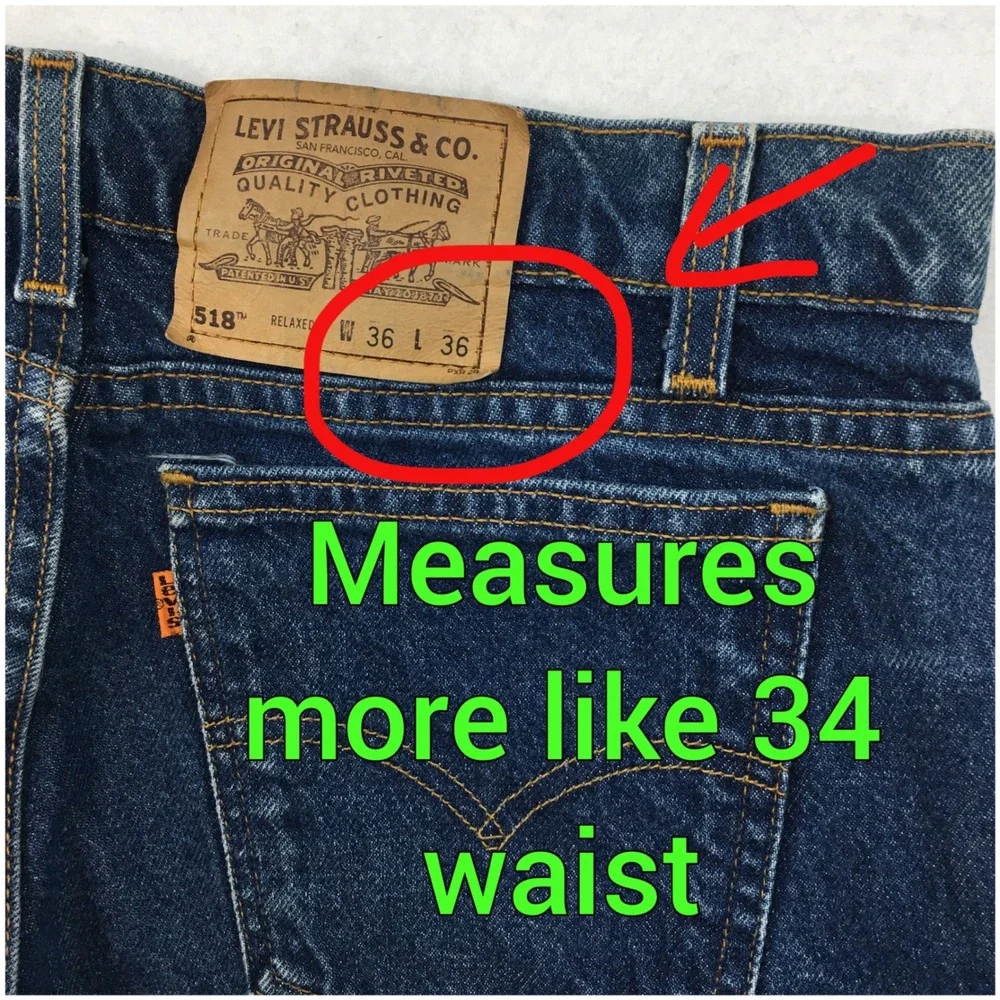VINTAGE 90s Levis 518 Relaxed Orange Tab Jeans Mens 34x36 Made in USA Dark Wash